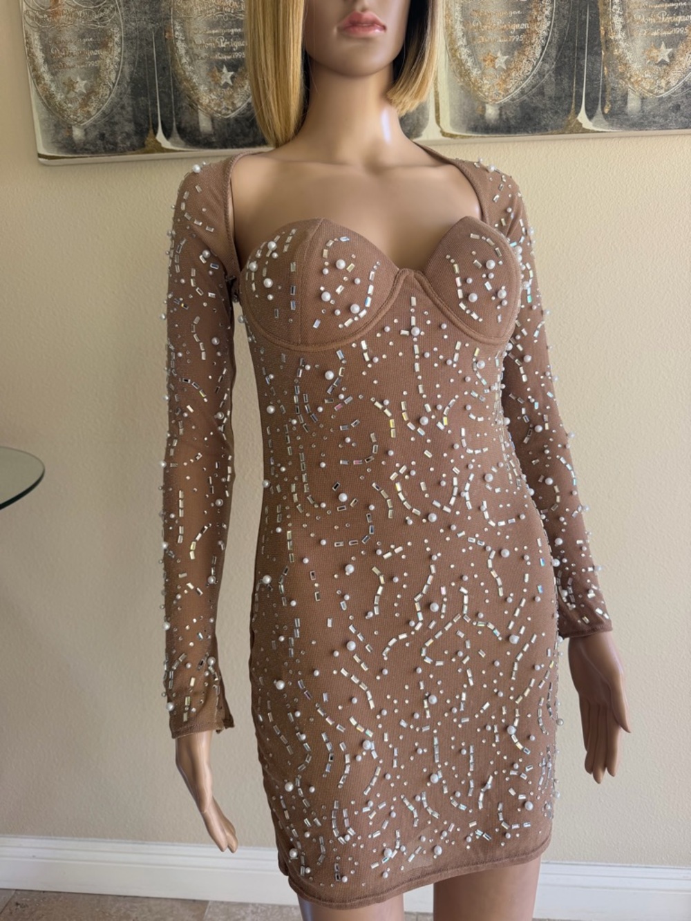 Embellished Stretched Nude Brown Long-Sleeve Bodycon Dress (NW0T)